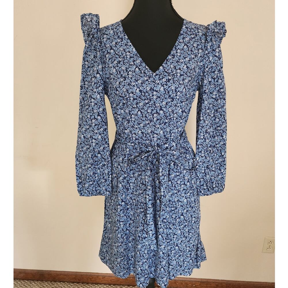 J. Crew Re-Imagined XS Blue Floral Ruffle Shoulder Dress Pockets CottageCore - Picture 1 of 8